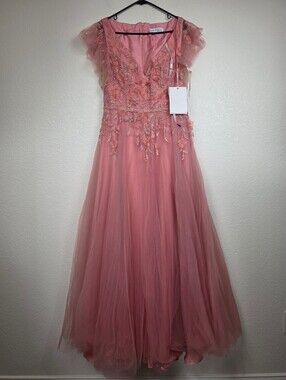 NWT Mac Duggal Pink Embroidered Evening Dress